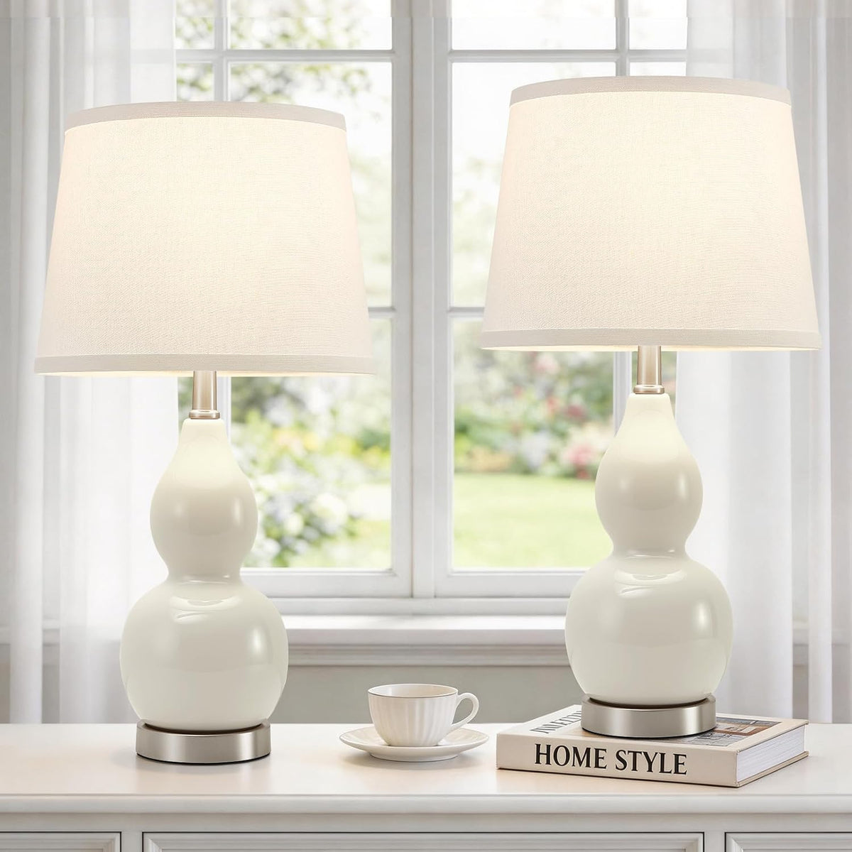 GyroVu 22" Table Lamp Set of 2, Color Temperature Adjustable Double Gourd Ceramic Lamps Classic Nightstand Table Lamps for Bedroom Beside Lamps for Living Room, Cream-Bulbs Included