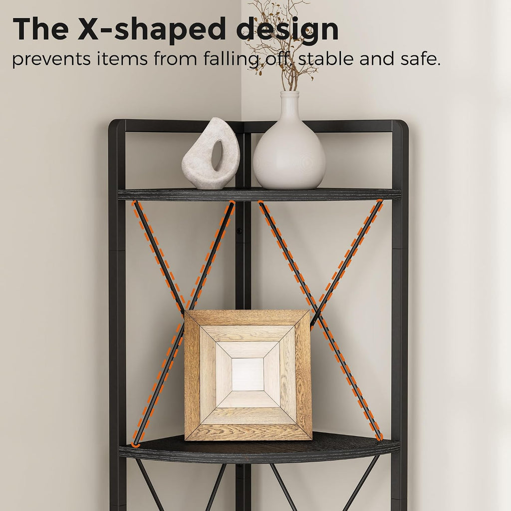 5 Tier Corner Shelf Stand, 64" H Tall Corner Bookshelf, Black