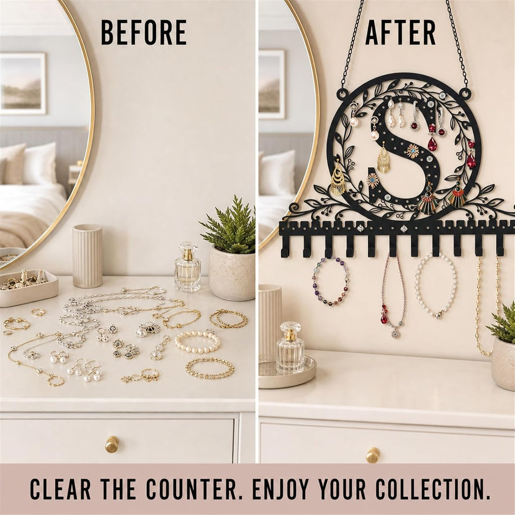 Personalized Wall Mounted Metal Initial Letter S Earring Holder Jewelry Organizer for Earrings and Necklaces Space Saving Wall Display with Hooks Jewelry Storage Bedroom Vanity Gift for Women
