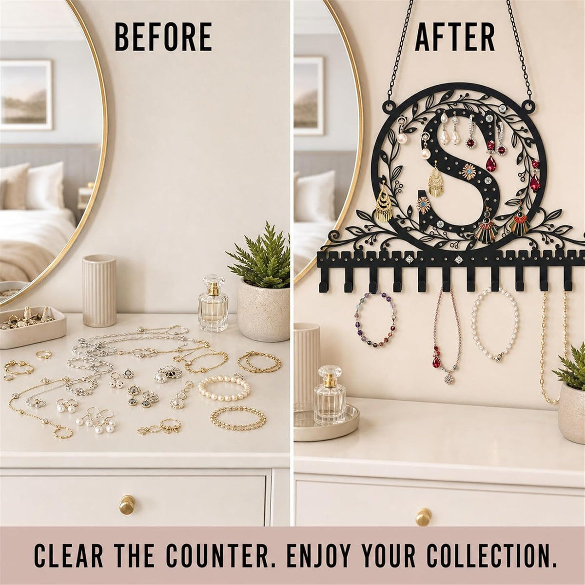 Personalized Wall Mounted Metal Initial Letter S Earring Holder Jewelry Organizer for Earrings and Necklaces Space Saving Wall Display with Hooks Jewelry Storage Bedroom Vanity Gift for Women