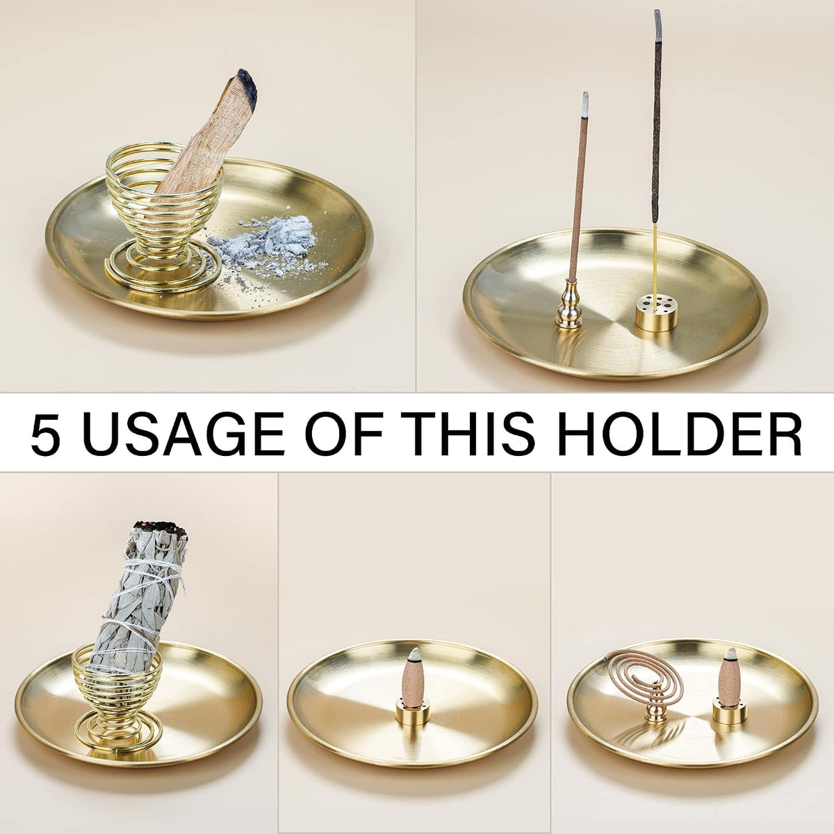 ZenBless 4 in 1 Incense Burner, Palo Santo Holder, Sage Holder, Incense Holder for Incense Sticks/Coil/Cones, 5.5 inches Brass Ash Catcher for Meditation Yoga Room