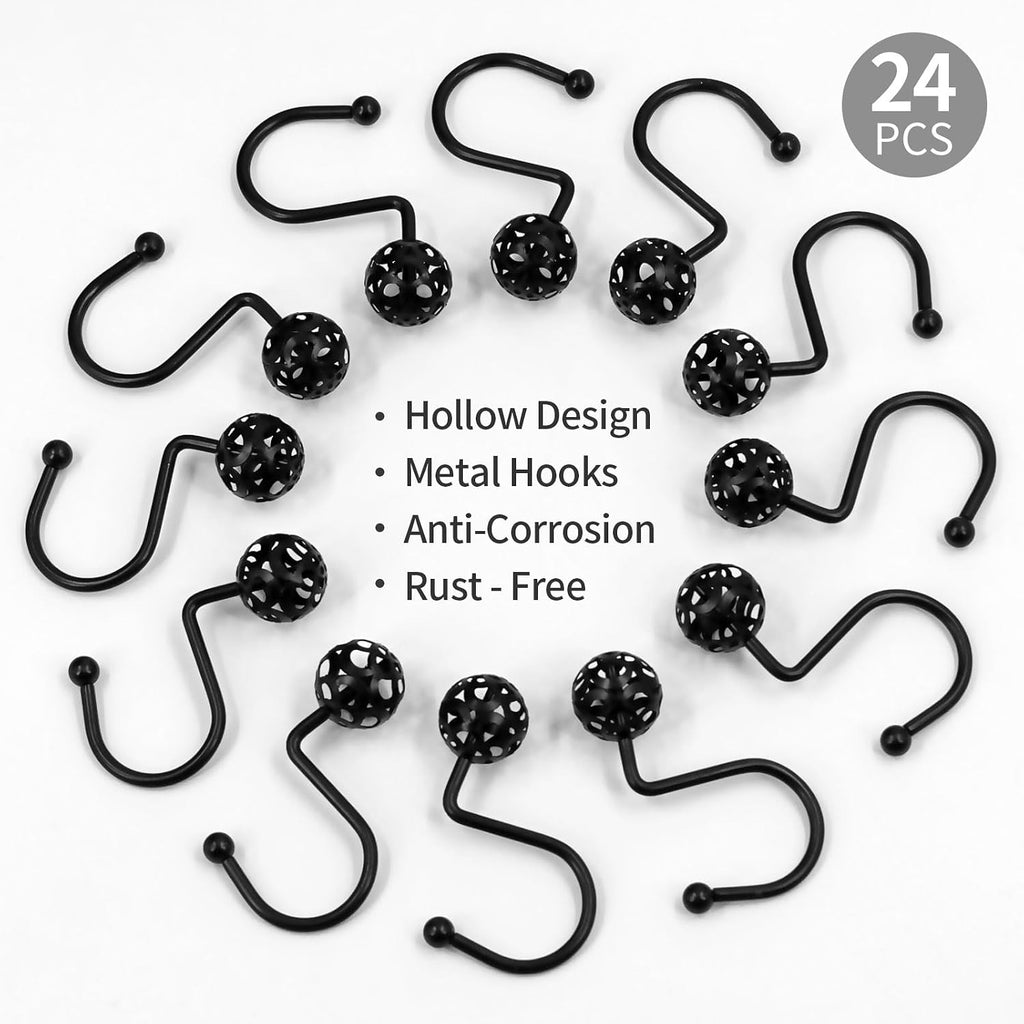MitoVilla 24 Pcs Set Black Shower Curtain Hooks, Metal Shower Hooks for Shower Curtain & Liner, Hollow Ball Rust Proof Shower Rings for Curtain Accessories and Bathroom Shower Rod