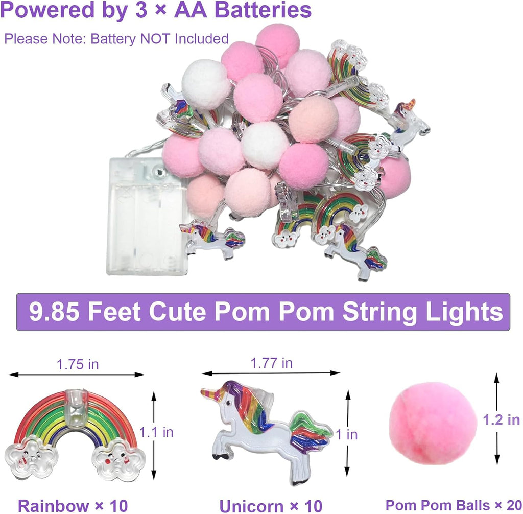 ChiRee Pink Pom Poms with Unicorn and Rainbow String Lights
