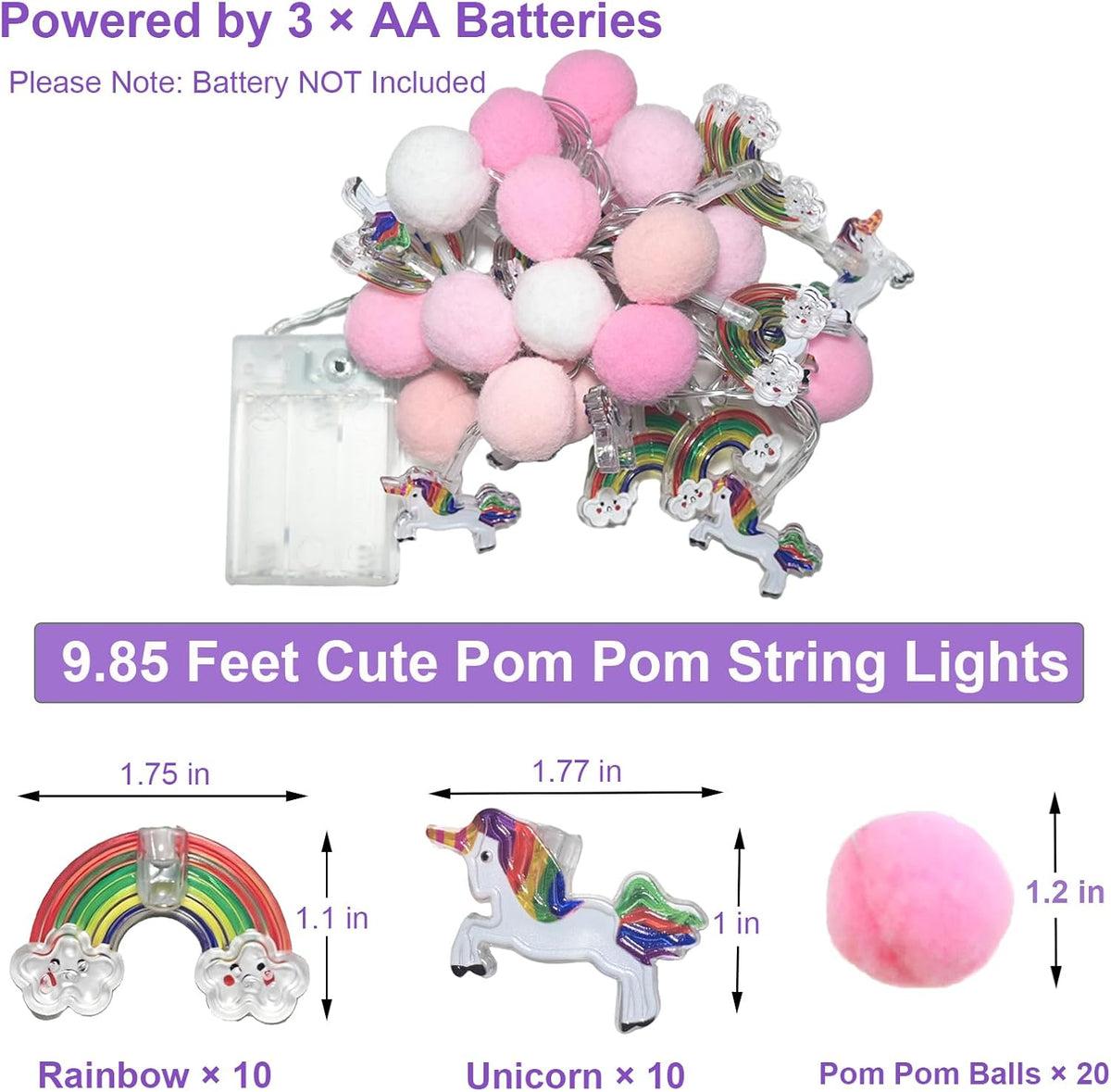 ChiRee Pink Pom Poms with Unicorn and Rainbow String Lights