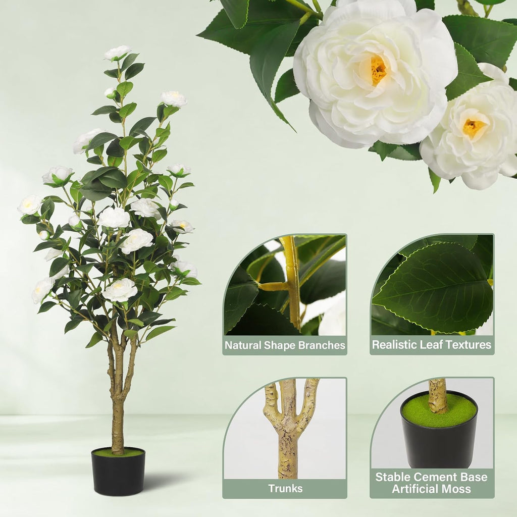 2-Pack 4FT Artificial Camellia Tree,Realistic Fake Potted Plants with Flowers&Planters,Indoor/Outdoor Faux Flowering Trees for Home,Office,Porch,Wedding,and Housewarming Gift Decor,White