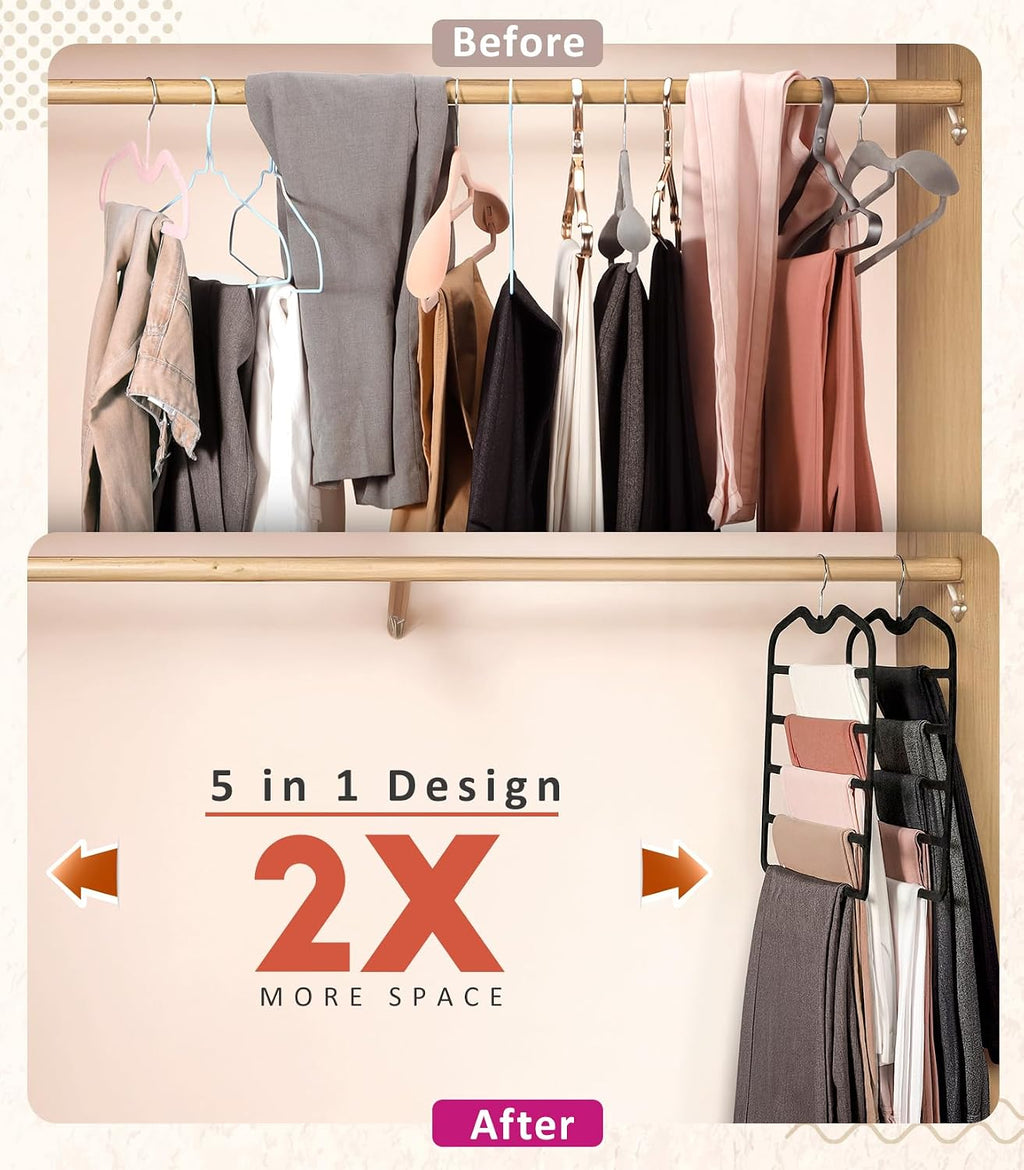 Pants Hangers Space Saving,5 Pack 5 Tier Velvet Short Neck Pants Hangers