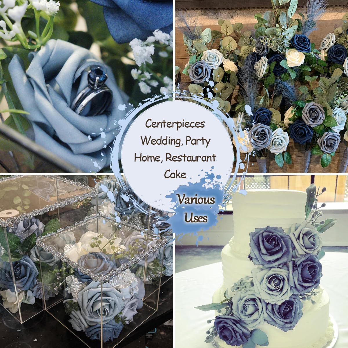 50pcs Artificial Flowers Light Blue Foam Fake Rose with Stems 12 Leaves Real Looking Faux Roses for Wedding Bouquets Bridal Shower Centerpieces Arrangements Party Tables Decorations DIY Dusty blue