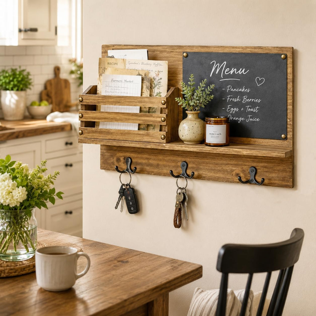 Key Holder for Wall, Mail Organizer Wall Mount, Chalkboard & 3 Double Hooks