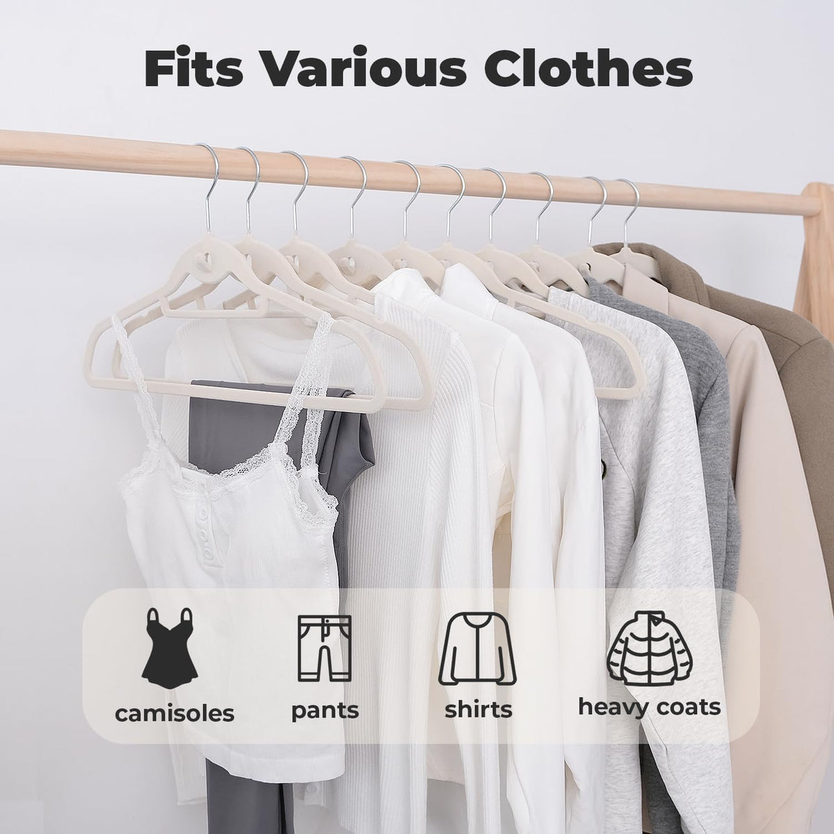 Ivory Velvet Hangers, Stackable Hanger with Non Slip Felt Fabric