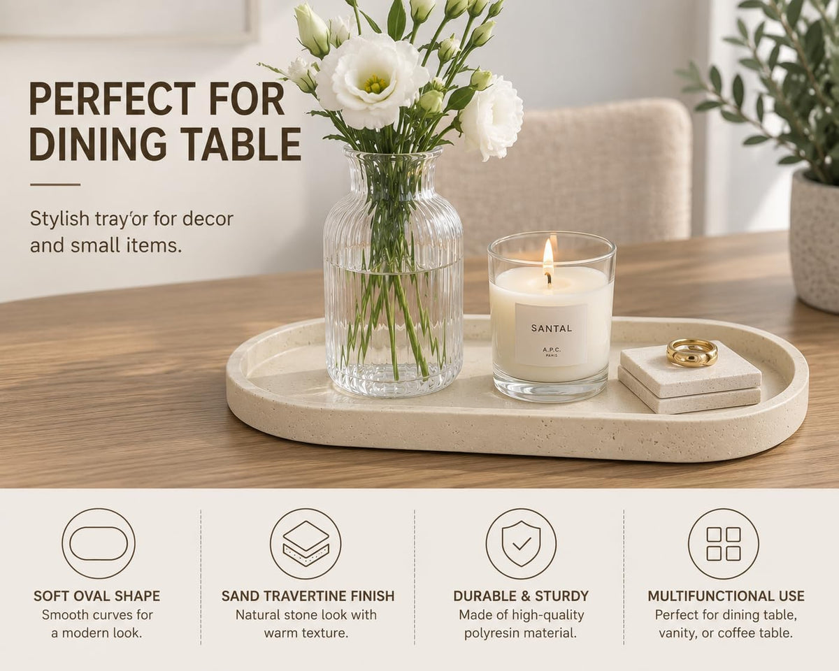 Clasin Home Vanity Tray for Bathroom Counter, Travertine-Look Decorative Tray for Perfume Jewelry Candle, Non-Slip Decor Organizer for Kitchen Countertop, Dresser, Coffee Table (11 x 4.9 Inch)