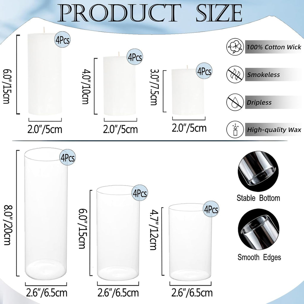 24 Pcs White Pillar Candles and Glass Candle Holders Cylinder Candle Vases for Pillar Candles Hurricane Candle Holders Set for Wedding Party, Event, Home Office Decor
