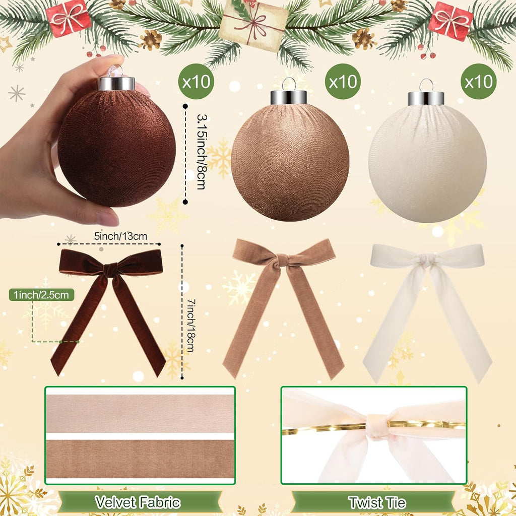 Wettarn 30 Sets Velvet Christmas Ornaments Balls & Bows, Classic Neutrals