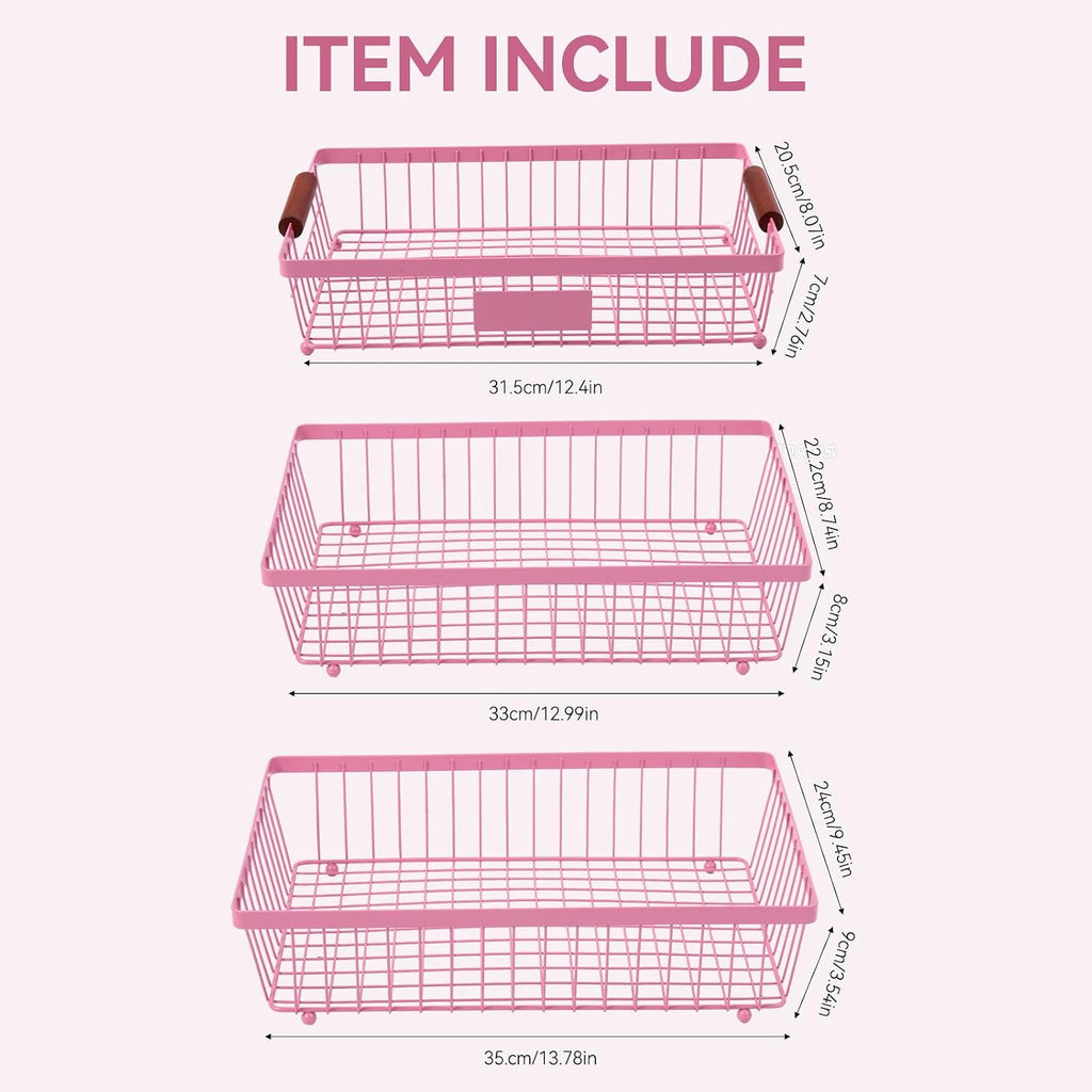 3-Tier Stackable Wire Basket with 2 Banana Hooks, Pantry Organizer for Kitchen Countertops, Cabinets & Under-Sink Spaces; Ideal for Storing Snacks, Fruits, Veggies, Onions, Potatoes, & More,Pink
