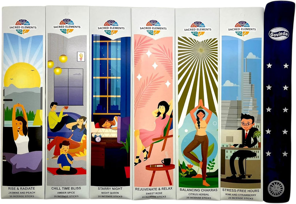 Incense Sticks Variety Pack #-120 Insence-Sticks (6 Incents x 20 Insense) + Incense Stick Holder Bundle with 6 Themed Fragrances (Balanced Living)