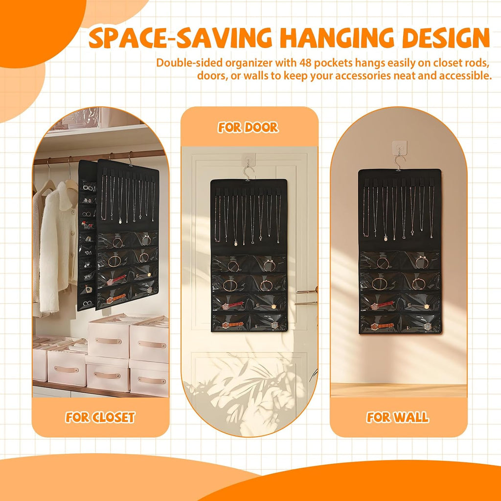 48 Pockets Hanging Jewelry Organizer with Necklace Straps