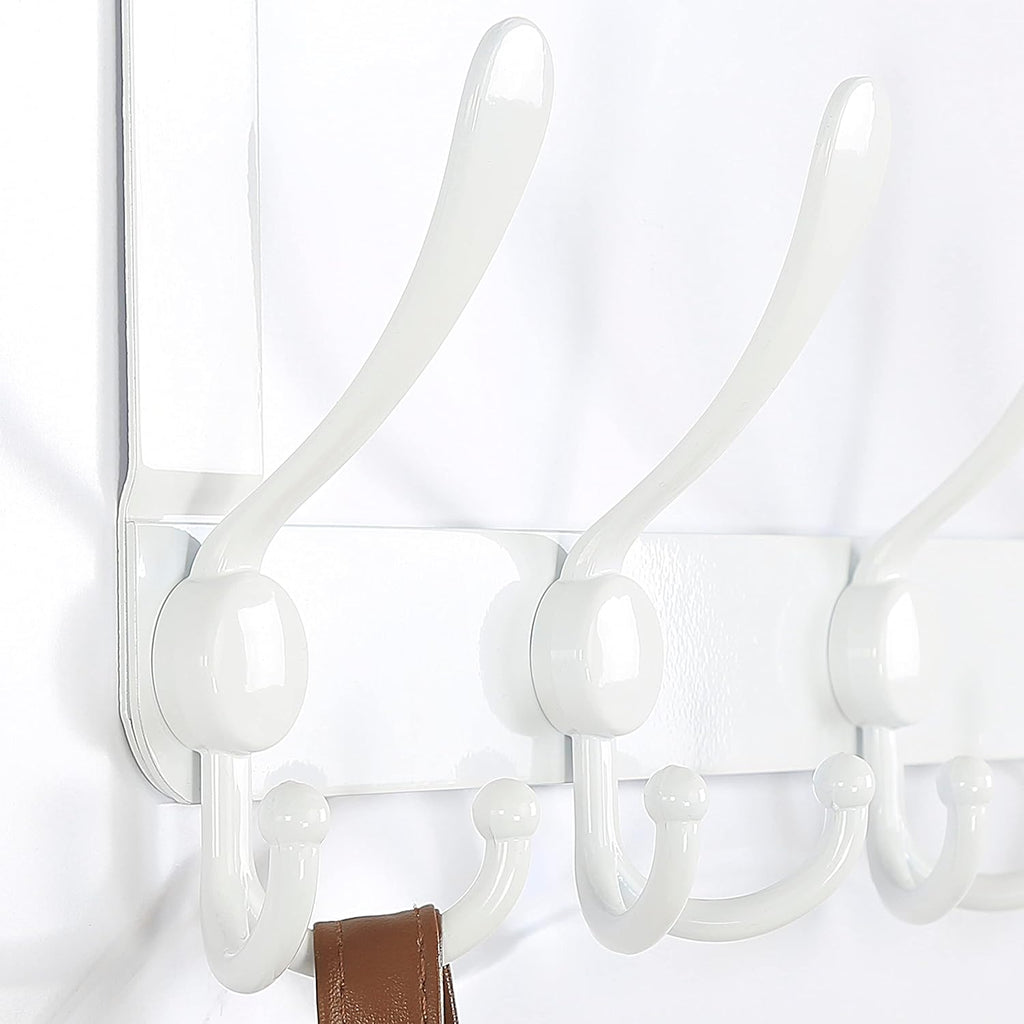 SKOLOO Over The Door Hook - for Doors up to 1-3/4'' Thickness, Metal Door Hanger with 5 Triple Hooks, Over The Door Hanger for Coats, Hats,Towels, White, Assembly Required