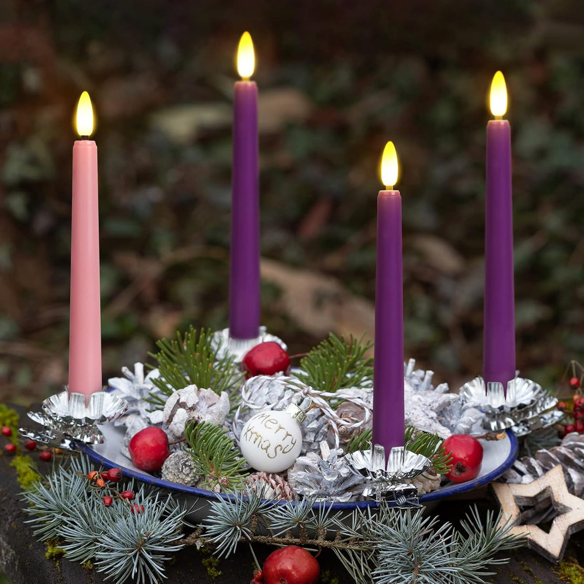 Daord 7.9" Advent Taper Candles Set of 4 Christmas LED Flameless Long Candle 3 Purple and 1 Pink for Advent Rituals Festival and Special Occasions Church Decor(3Purple+1Pink(A))