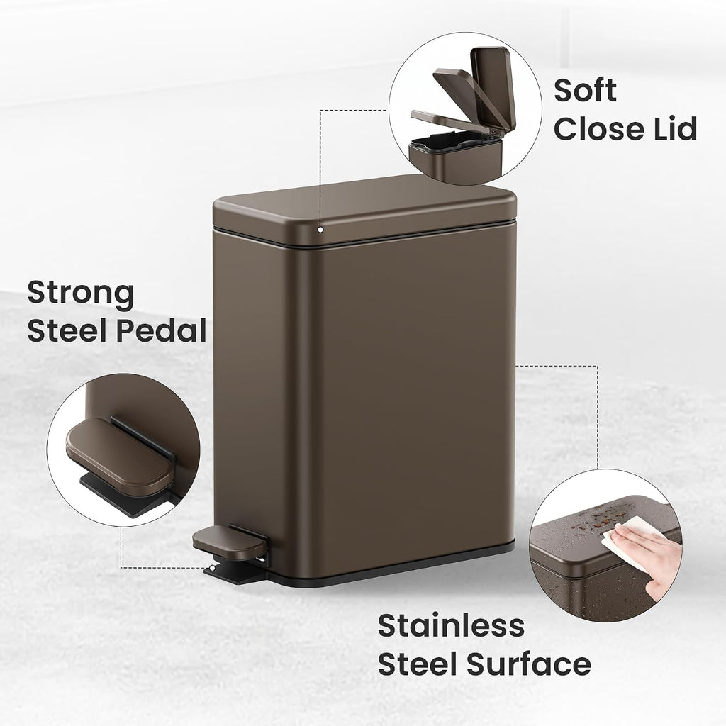 Cesun 2.6 Gallons Small Bathroom Trash Can with Lid Soft Close, Brown