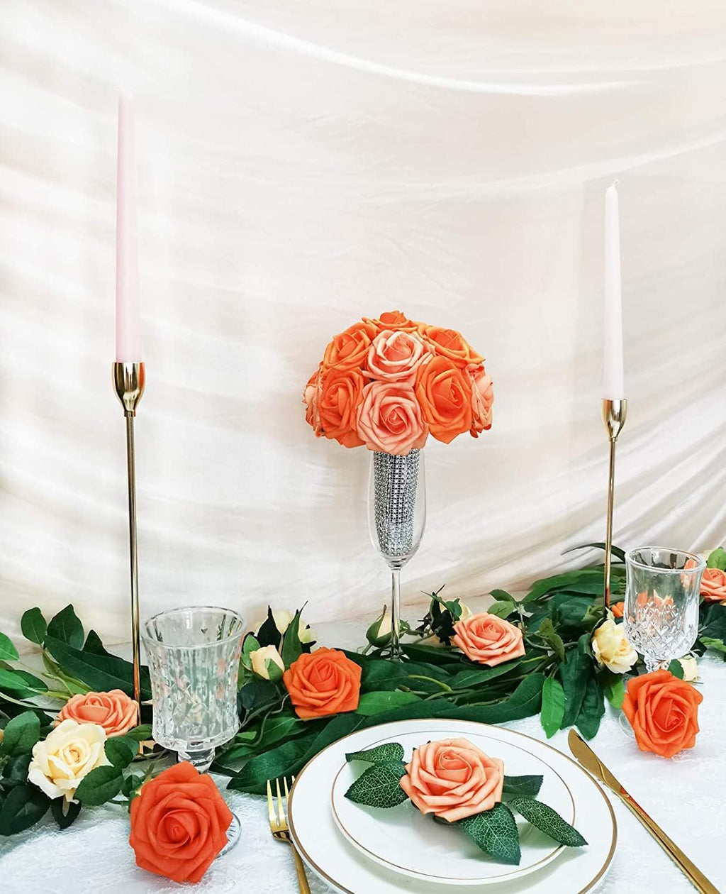 Artificial Flowers 50PCS Real Looking Mixed Vivid Orange Fake Roses with Stem for DIY Wedding Bouquets Centerpieces Baby Shower Party Home Decorations