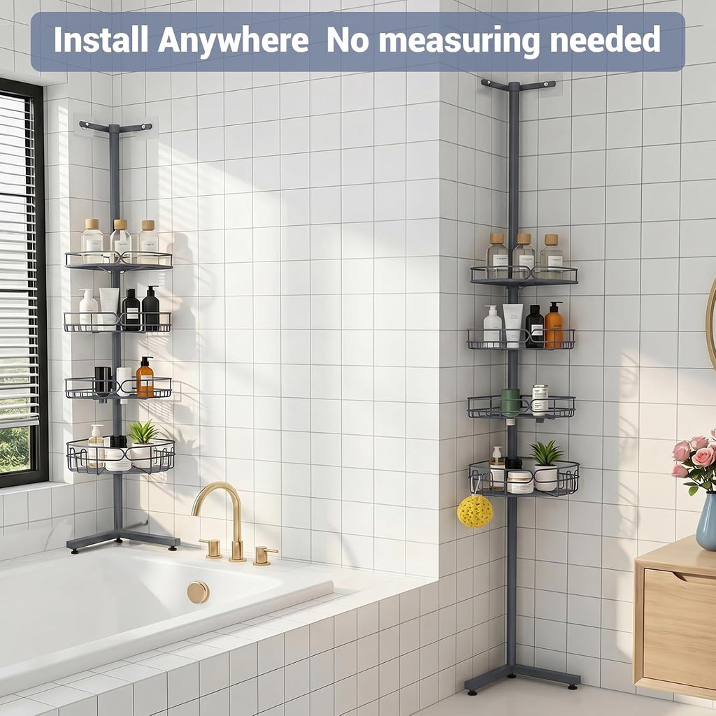 Standing Shower Caddy Corner, 4-Tier Adjustable Height Bathroom Organizer, 6-Section Pole, Sturdy Floor Standing Shelf for Shower – No Drilling, No Spring Tension (Gray)