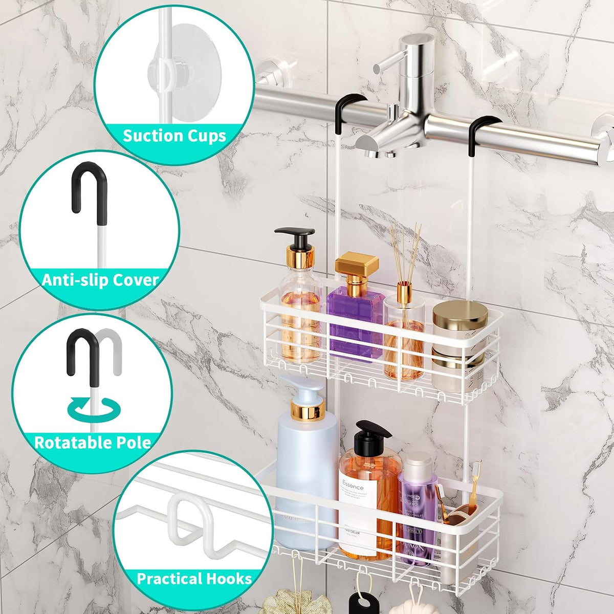 HapiRm Hanging Shower Caddy Organizer - No Drilling Shower Organizer with Hooks, Rustproof & Waterproof 304 Stainless Steel Bathroom Shelves - White
