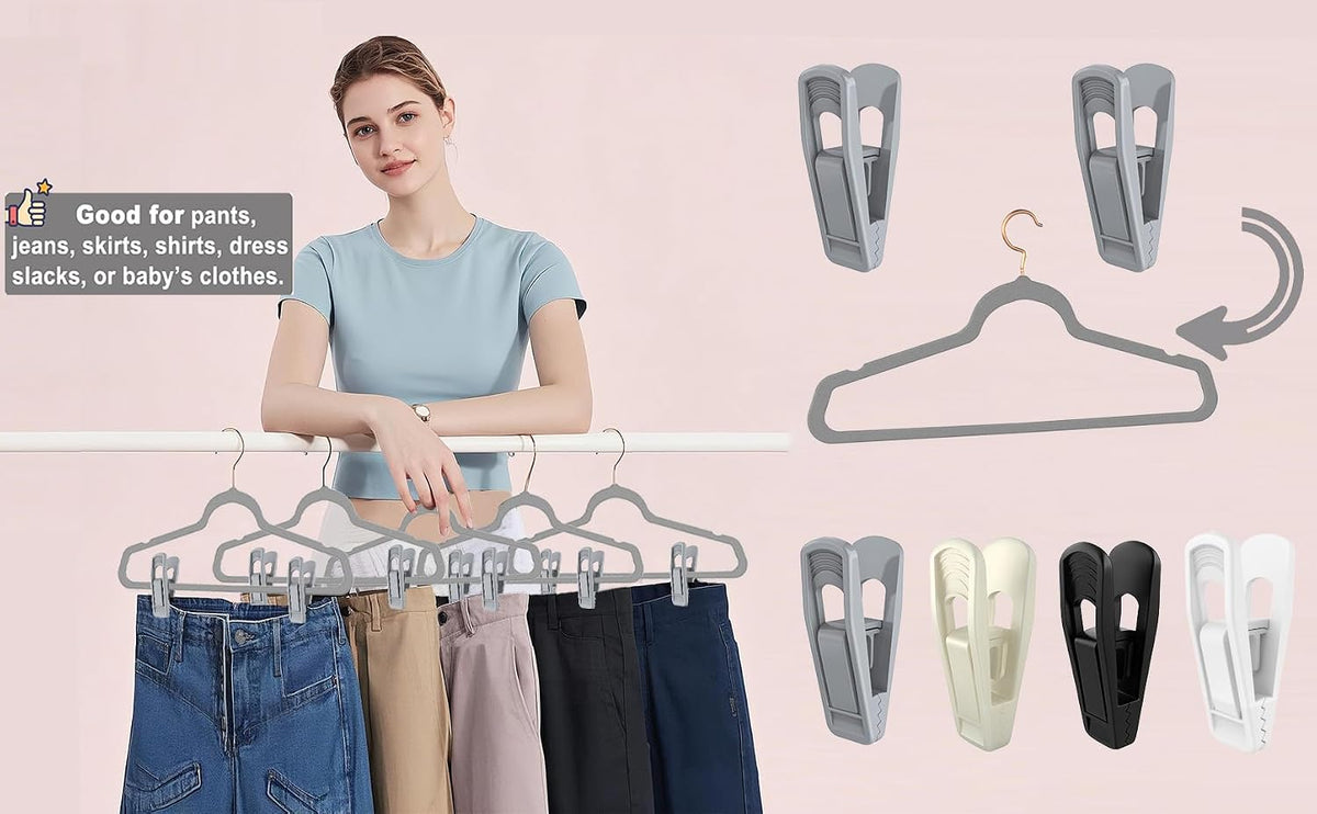 TOFIIGREM Hanger Clips for Velvet Hangers (Grey, 40 PCS), Non-Slip Plastic Clips Skirt Hanger Clips for Gray Flocking Hangers