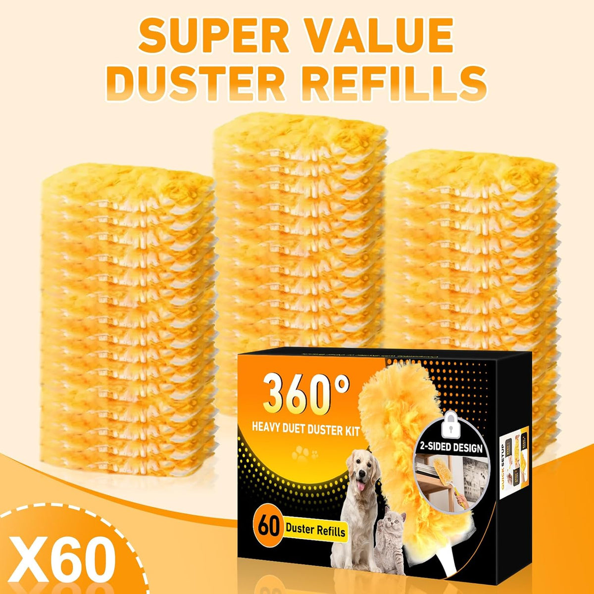 60 Count Heavy Duty Duster Refills for Swiffer, Multisurface 360° Larger Size Dusters with 4X Cleaning Power, Disposable Dusters for Pet, Cleaning Home, Blinds, Fans, Corners (60 pcs-Orange)