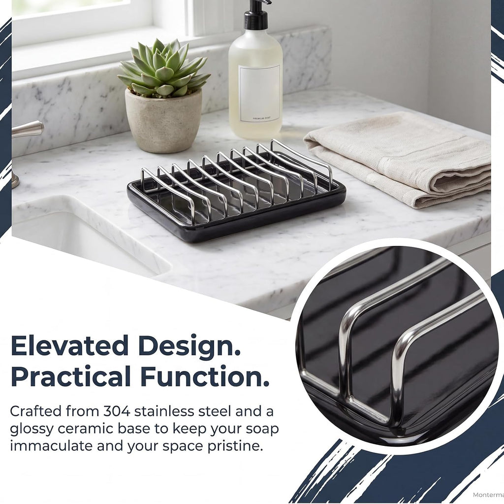 Soap Dish Drain Tray Self Draining Soap Holder Sponge Holder Soap Dishes for Shower, Bathroom, Kitchen Sink (1, C-Black)