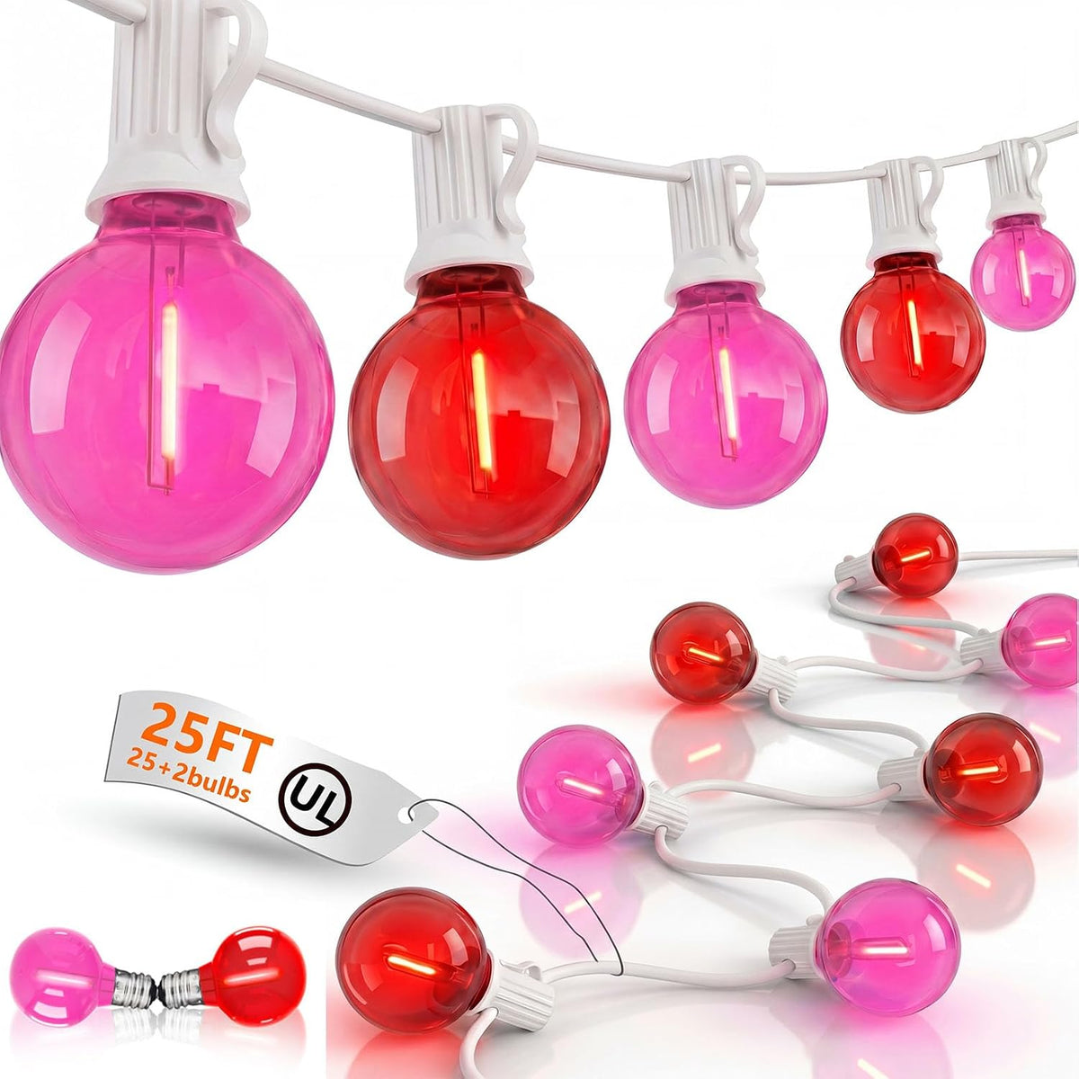 25FT G40 LED Outdoor Valentine's Day String Lights, Red and Pink Valentines Decorations Lights with 27 Shatterproof Globe Bulbs, Hanging Patio Lights for Home Balcony Backyard Garden Party Wedding