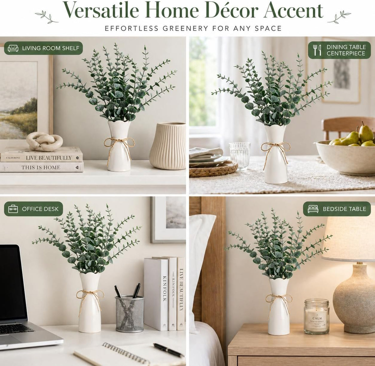 Artificial Eucalyptus Stems in White Vase, 20pcs Faux Greenery Arrangement with 7.87" Ceramic Vase, 15.7" Decorative Fake Plant for Boho Farmhouse Home Decor