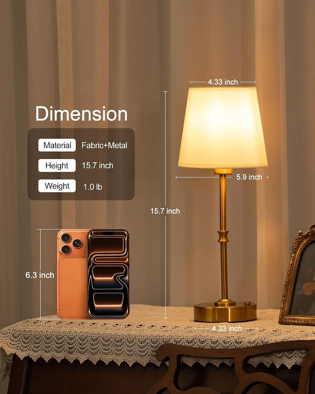 EppieBasic Cordless Table Lamp Rechargeable: Fast Charging & Long Lasting - 2700K Warm Light Samll Vintage Gold Lamps for Women Housewife - Dinning Living Room Bedroom