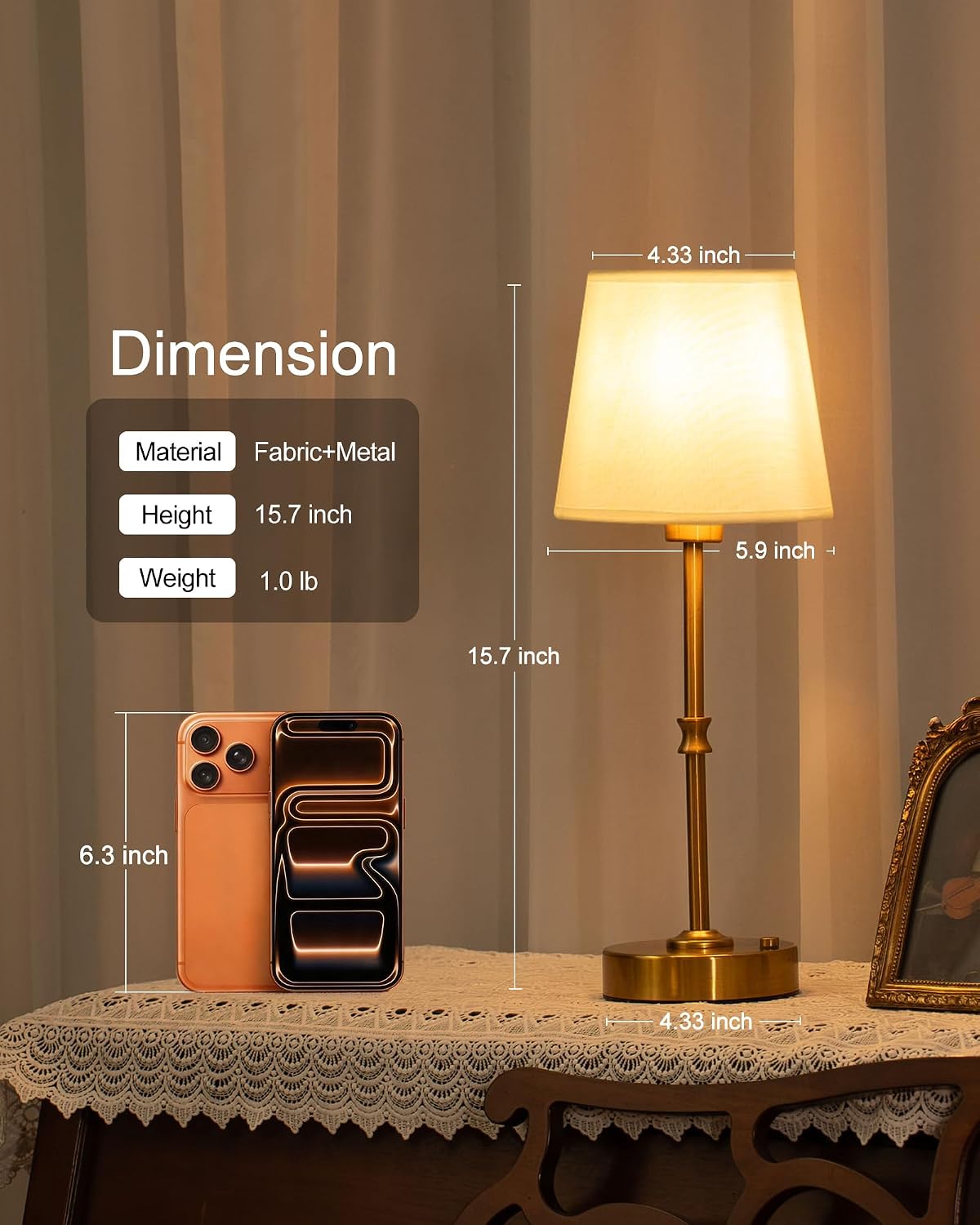 EppieBasic Cordless Table Lamp Rechargeable: Fast Charging & Long Lasting - 2700K Warm Light Samll Vintage Gold Lamps for Women Housewife - Dinning Living Room Bedroom