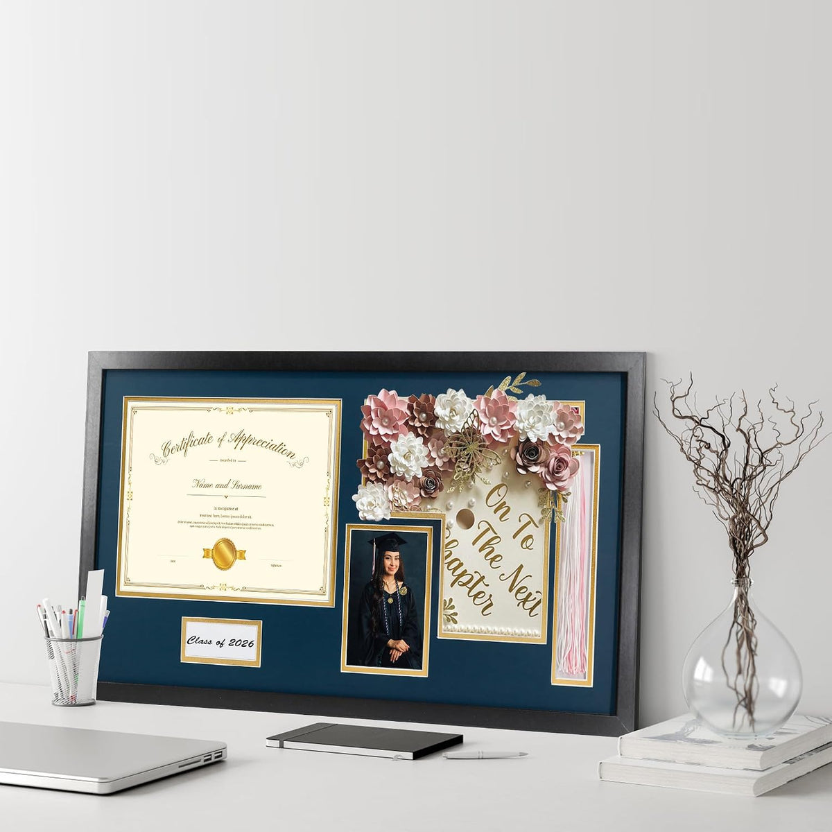 14x26 Black Shadow Box Diploma Frame with Graduation Cap & Tassel Holder for 8.5x11 Diploma and 4x6 Photo with MDF Wood and Plexiglass, Navy Over Gold Mat for Wall, Graduation Keepsakes