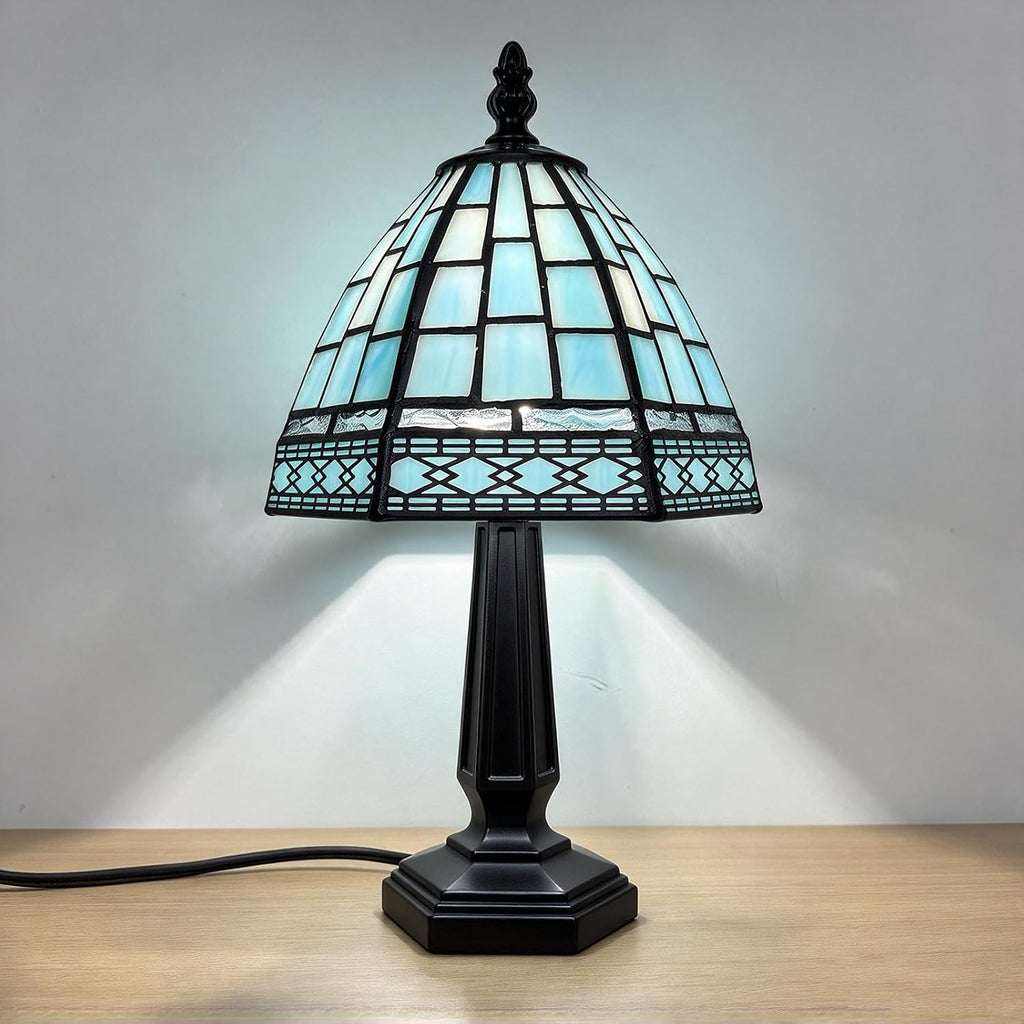 Small Tiffany Style Table Lamp,3 Color Temperature Grid Blue Stained Glass Table Lamps,Bedside Nightstand Night Light for Bedroom,Living Room, Dining Room W/LED Bulb,6X6X13Inch