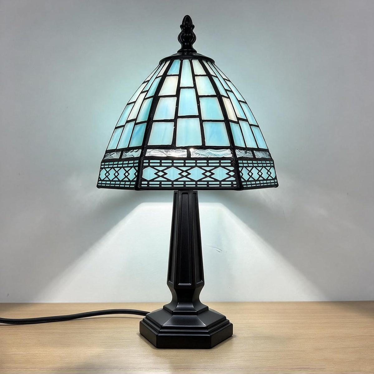 Small Tiffany Style Table Lamp,3 Color Temperature Grid Blue Stained Glass Table Lamps,Bedside Nightstand Night Light for Bedroom,Living Room, Dining Room W/LED Bulb,6X6X13Inch