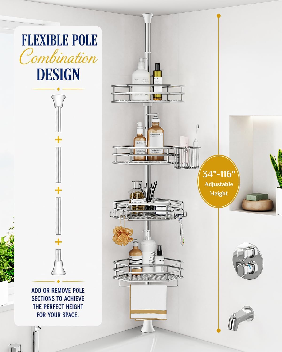 SEIRIONE Rustproof Corner Shower Caddy Tension Pole for Bathroom Storage