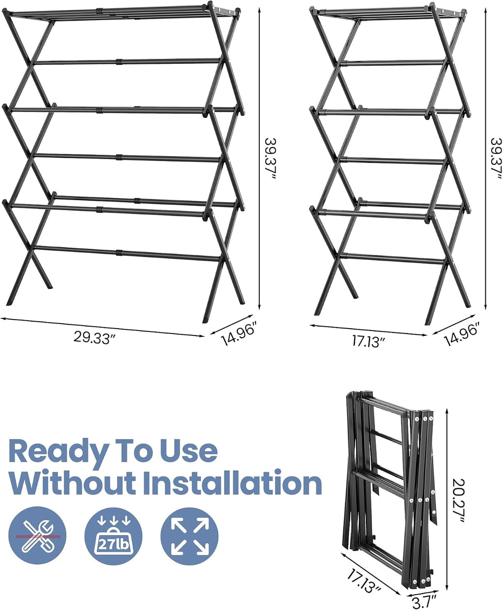 APEXCHASER Oversize 3-Tier Clothes Drying Rack, No Assembly, Black
