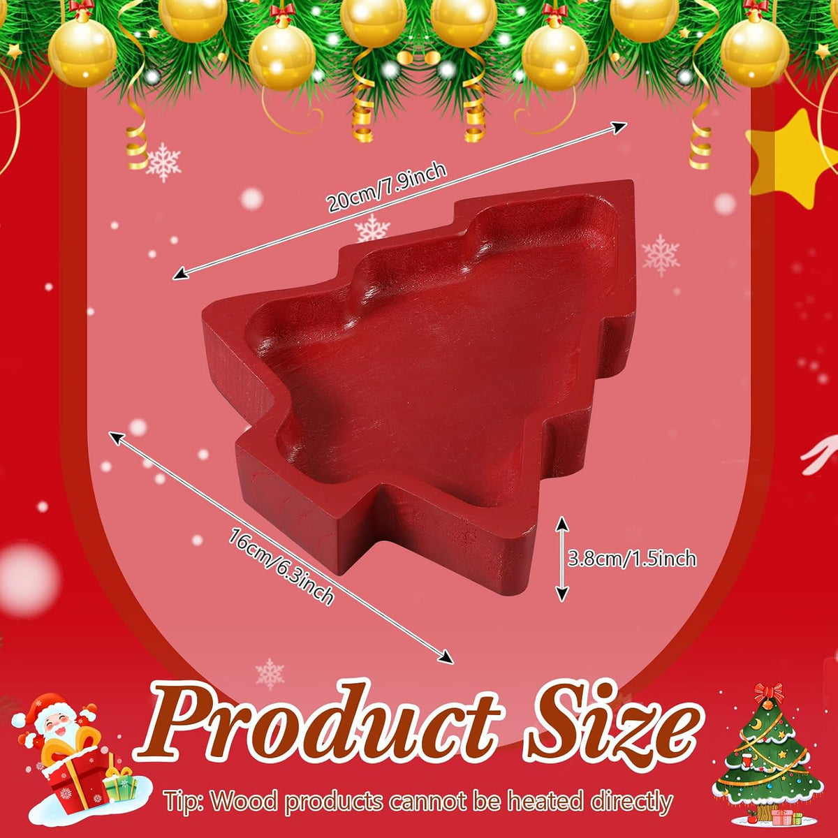 Jingmore 4 Pcs Christmas Wooden Bowl Xmas Tree Tray Dough, Red