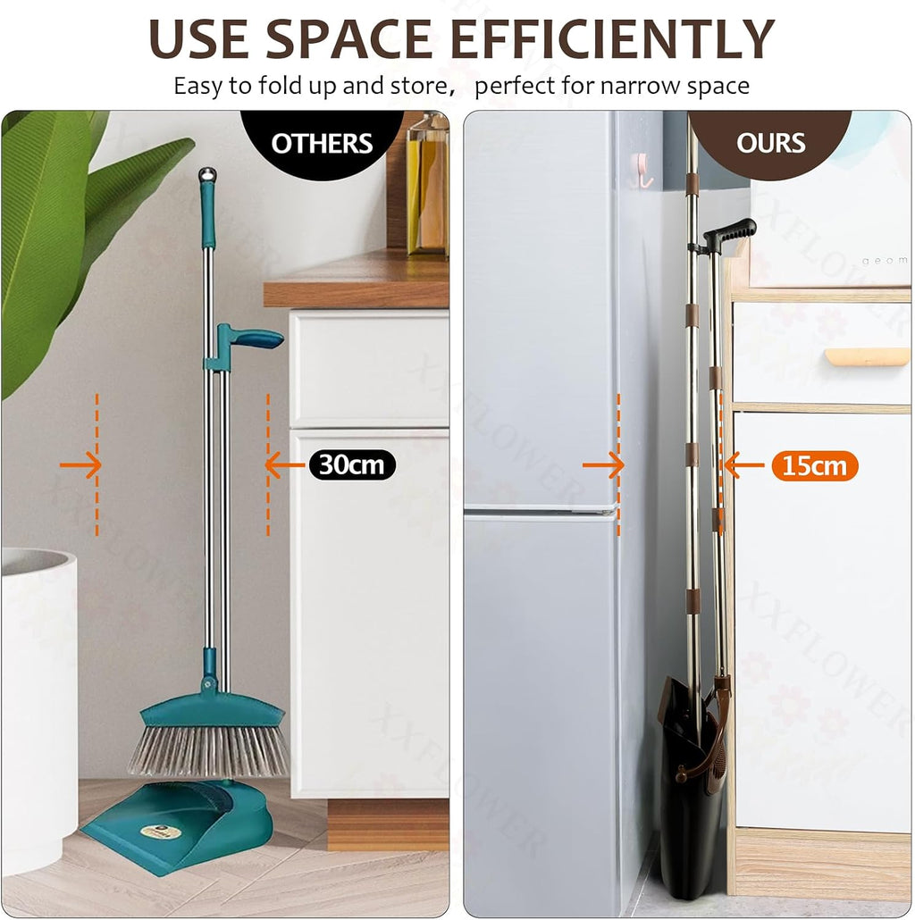 Broom and Dustpan Set with Long Handle, Light Weight Stainless Steel Poles Stand Upright Dustpans with Broom Combo for Home Kitchen Office Pet Dog Hair, 1-Pack (Black Brown)