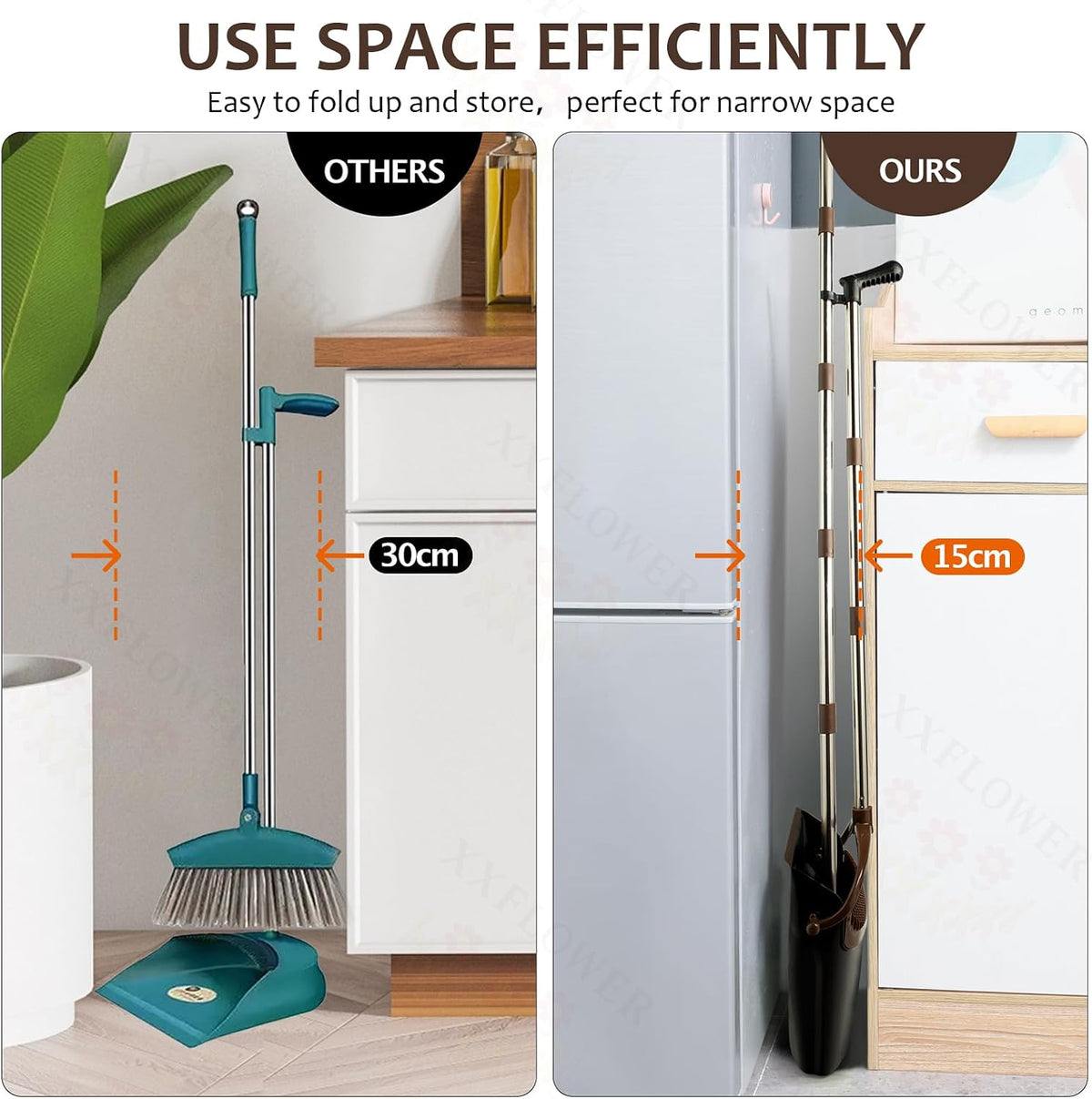 Broom and Dustpan Set with Long Handle, Light Weight Stainless Steel Poles Stand Upright Dustpans with Broom Combo for Home Kitchen Office Pet Dog Hair, 1-Pack (Black Brown)