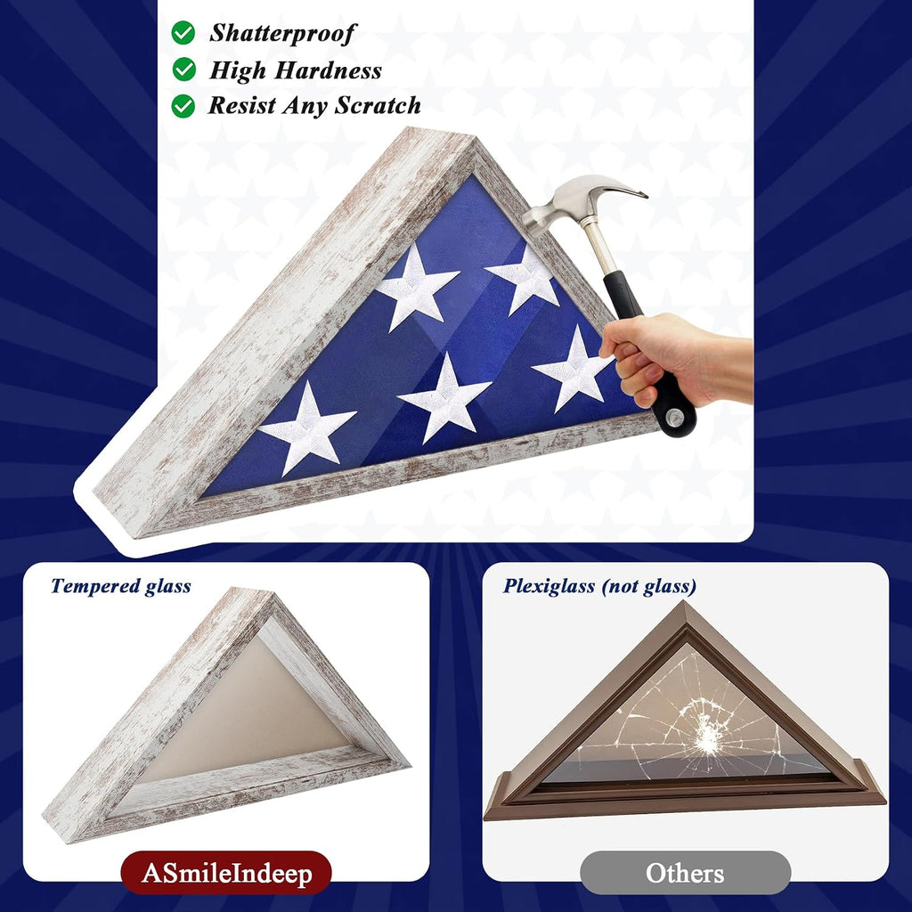 ASmileIndeep Flag Display Case for 3' x 5' Flag, American Flag Shadow Box with HD Tempered Glass and Wall Mount, Folded Triangle Flag Holder Frame for Small Flag (Not for Burial Flag) - Vintage White
