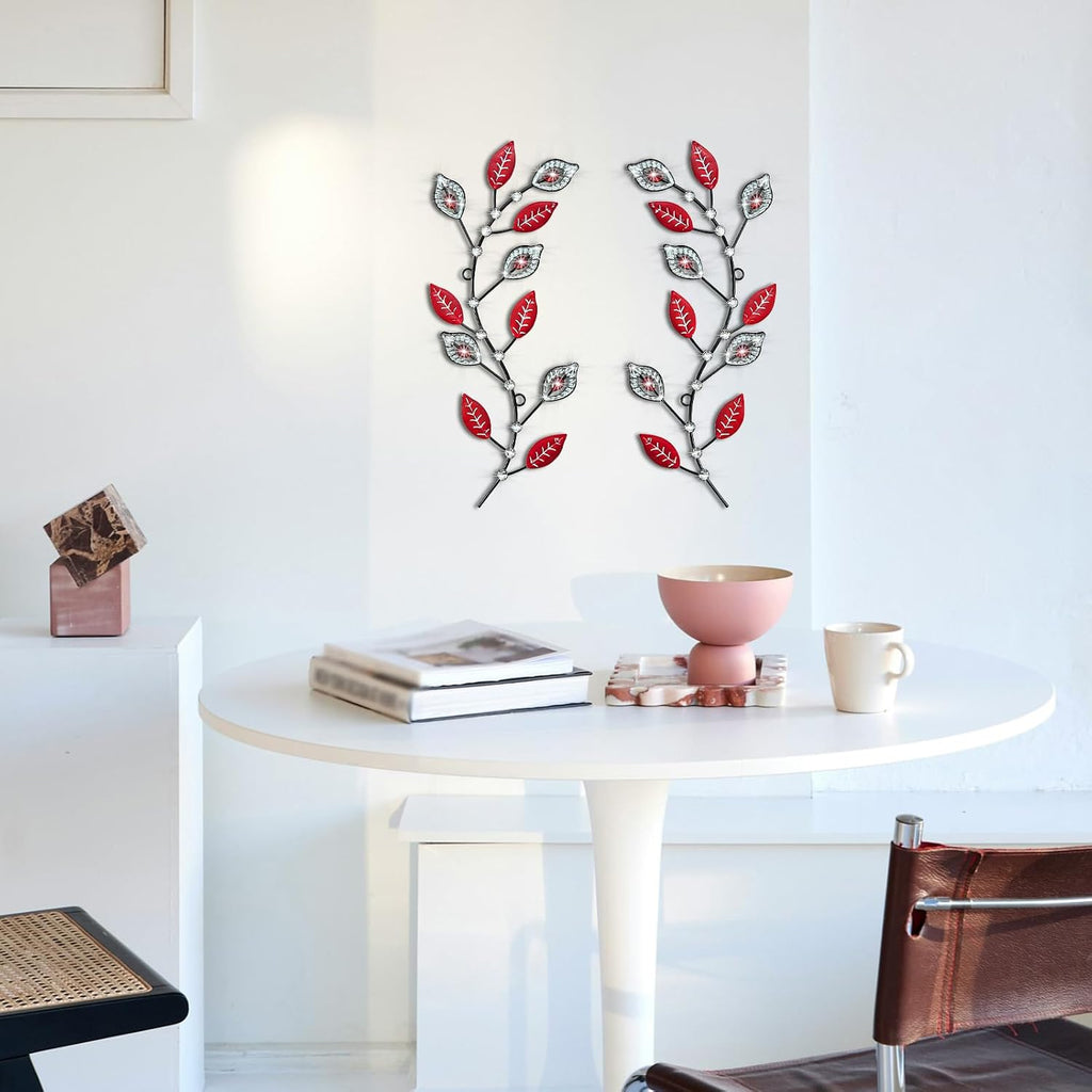 sxnzequnze 2 Set Metal Tree Leaf Wall Art for Home Decor Living Room Bedroom Dining Room Bling Rhinestone, 3D, Iron Branch Hanging Leaf Sculpture Art Pieces -Red 16.5in*6.7in