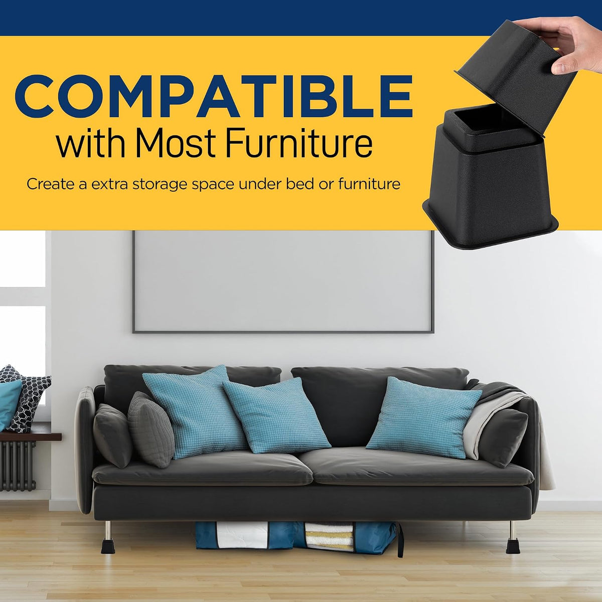 Lifemaster Furniture Riser Set - 4 Pieces Non-Slip Design Furniture Leg Riser fits with Bed, Chair, Table, Sofa, Desk, and Couches - Black
