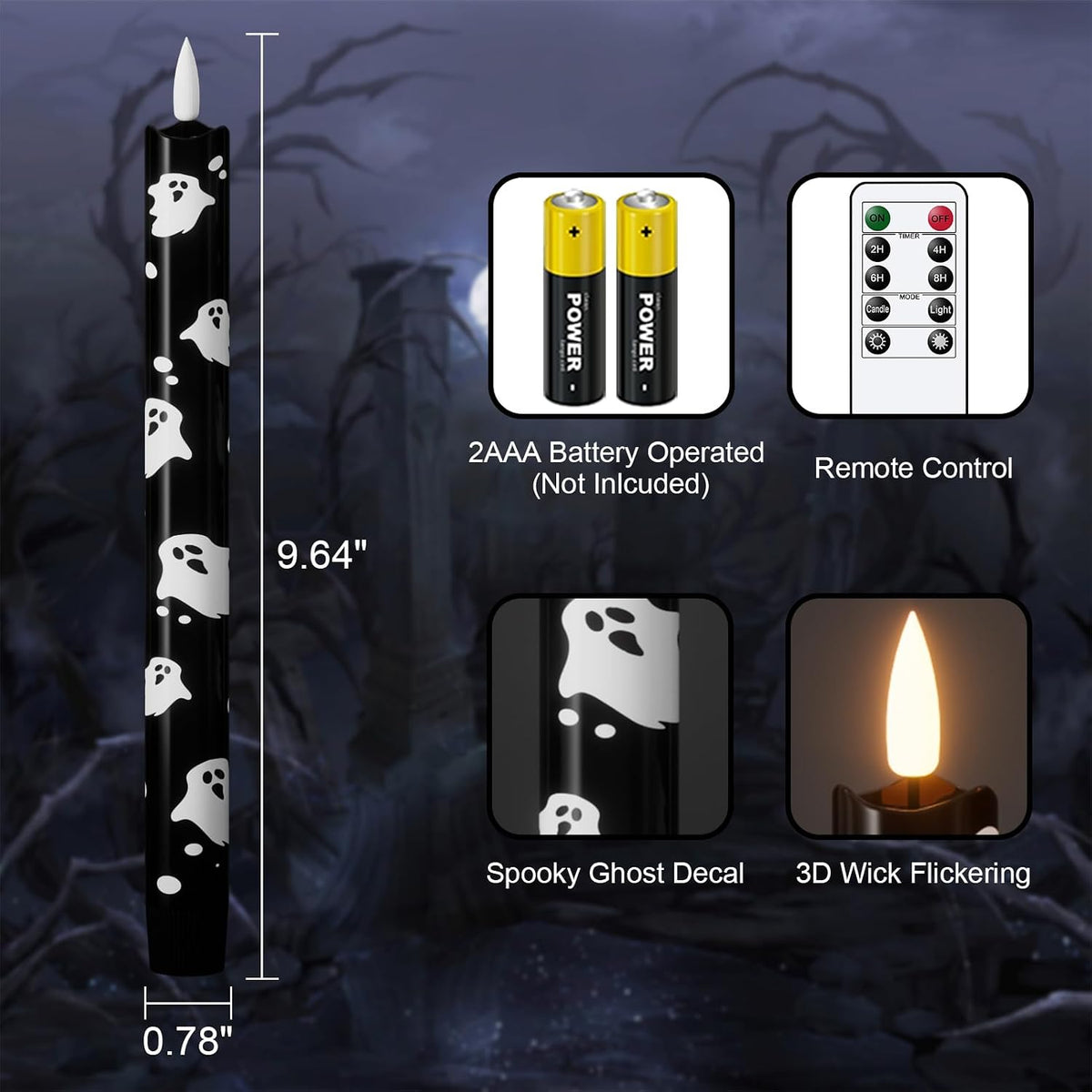 Eldnacele Halloween Ghost Decal Flameless Taper Candles with Remote Timer