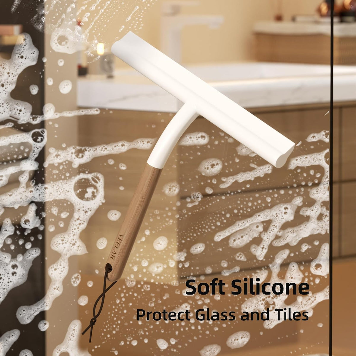 Shower Squeegee for Shower Glass, Bathroom Glass Cleaning Tool with Hook Mount, Squeegee for Glass Doors, Window Cleaning, Tile Shower Walls (White+Wood)