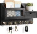 FifthQuarter Key Hooks for Wall with Drawer and 6 Sturdy Key Hooks, B-Black