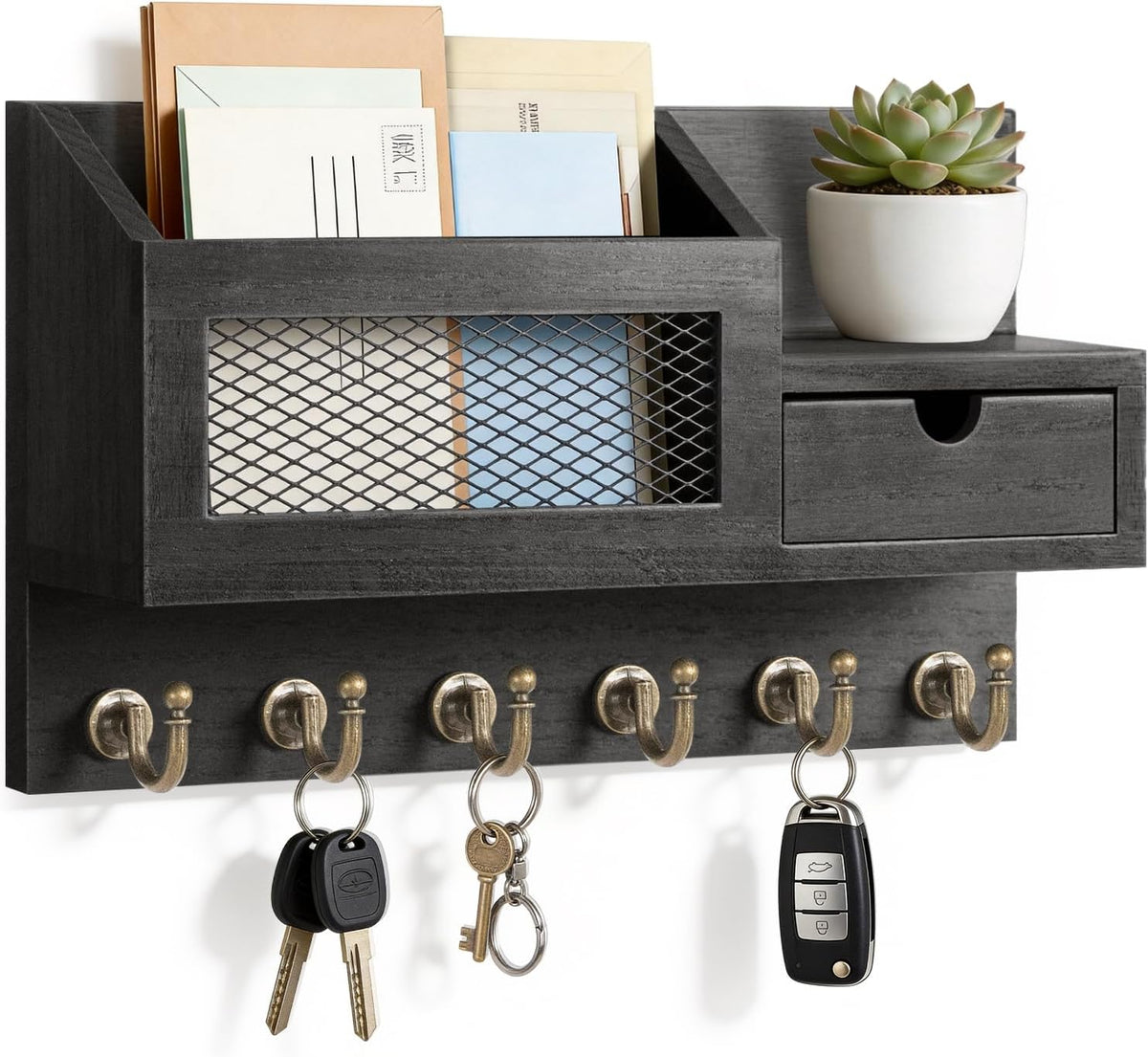 FifthQuarter Key Hooks for Wall with Drawer and 6 Sturdy Key Hooks, B-Black