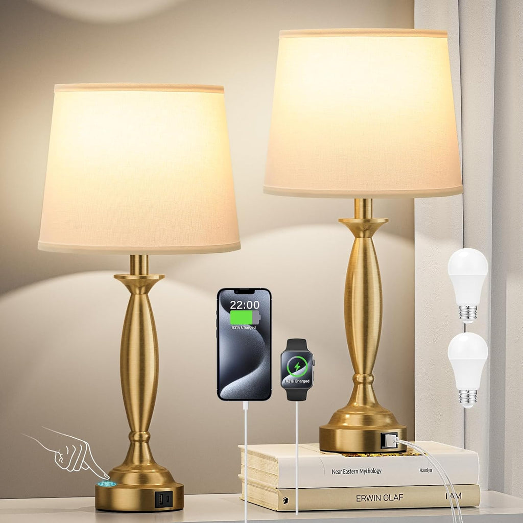 Bedroom Lamps for Nightstand, 3 Way Dimmable Gold Bedside Lamps with USB