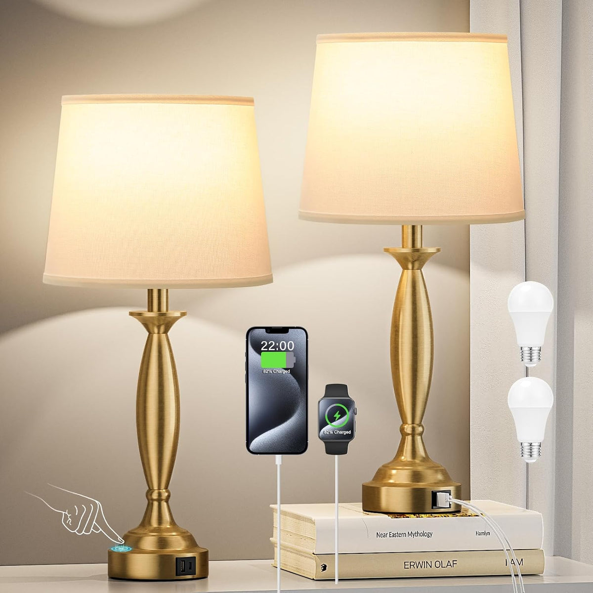 Bedroom Lamps for Nightstand, 3 Way Dimmable Gold Bedside Lamps with USB