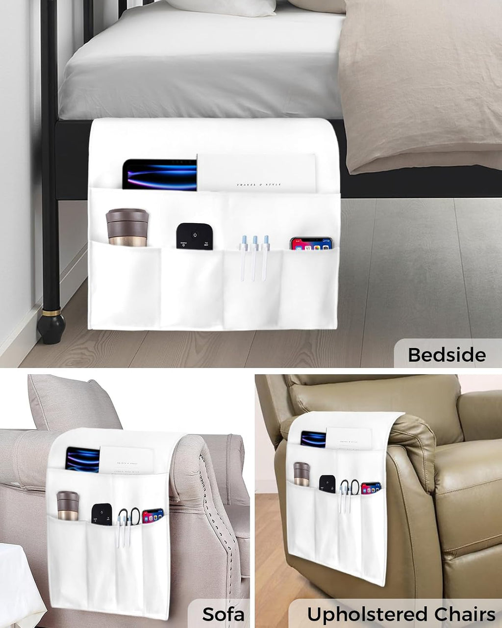 Sofa Armrest Organizer Bedside Caddy, White Non Slip Couch Remote Control Holder for Recliner, Pure White Arm Chair Caddy with Pocket for Magazine, Phone, 19.7''x35''